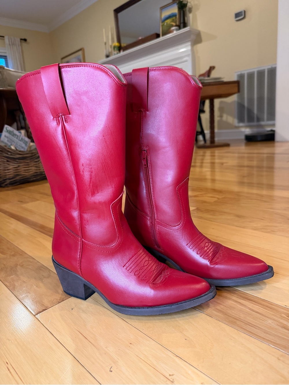 Vibrant Red Western Cowboy Boots | Pointed Toe Vegan Faux Leather Mid-Calf Boots - Picture 2 of 10